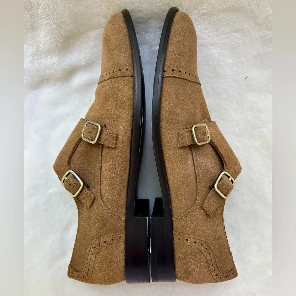 Banana Republic Double Monk Strap Tan Mens Size 8 Shoes Suede Oxfords Flats EUC